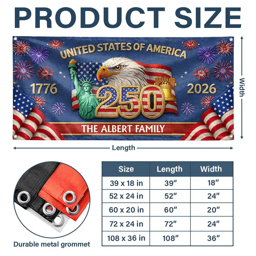 Family, Parents, Happy, America 250th - Faux Embroidery Effect America 250th Anniversary Family Name - Personalized Horizontal Banner