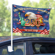 Independence Day,America 250th,Family,Proud - Faux Embroidery Effect America 250th Anniversary Family Name - Personalized Car Flag