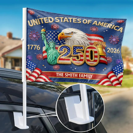 Faux Embroidery Effect America 250th Anniversary Family Name - Personalized Car Flag