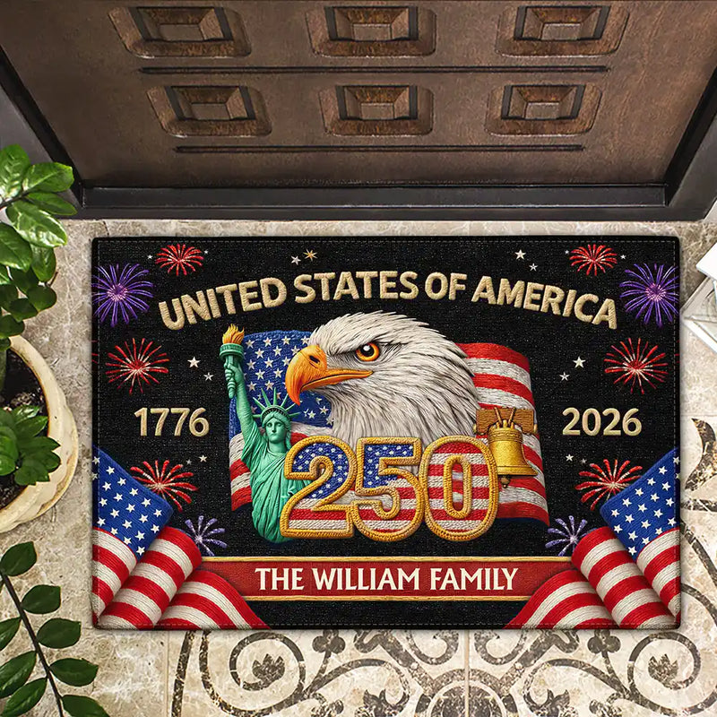 Faux Embroidery Effect America 250th Anniversary Family Name - Personalized Doormat