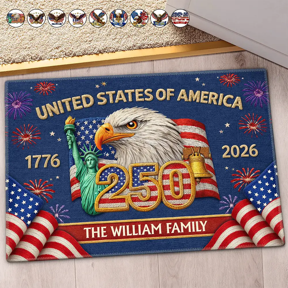 Faux Embroidery Effect America 250th Anniversary Family Name - Personalized Doormat