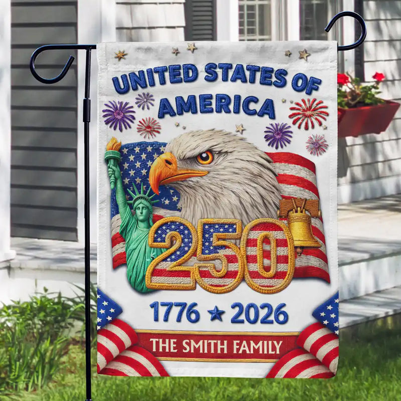 America 250th, Independence Day, Family, Proud, Custom Text - Faux Embroidery Effect America 250th Anniversary Family Name - Personalized Flag