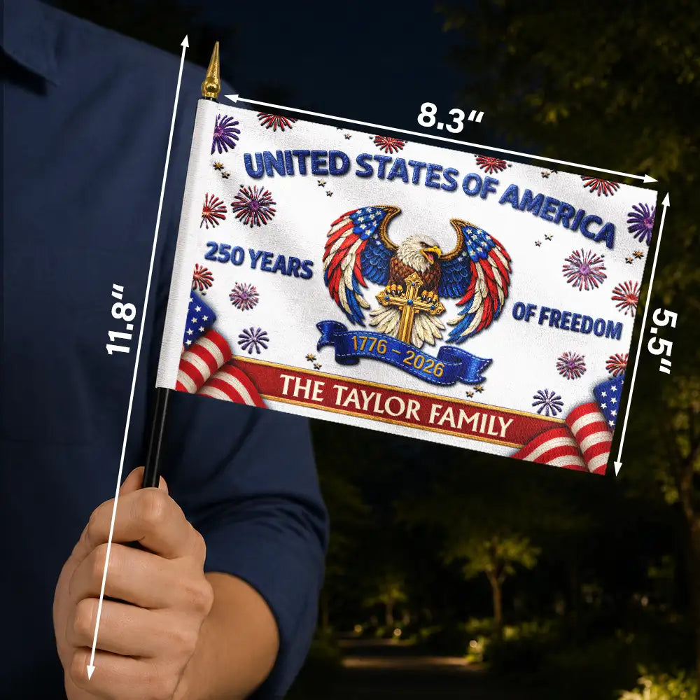 America 250th,Independence Day,Family,Proud,Custom Text - Faux Embroidery Effect America 250th Anniversary Family Name - Personalized Handheld Flag