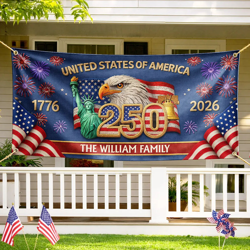 Family, Parents, Happy, America 250th - Faux Embroidery Effect America 250th Anniversary Family Name - Personalized Horizontal Banner