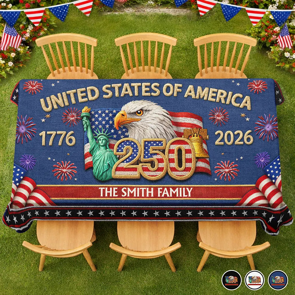 Independence Day,America 250th,Family,Proud - Faux Embroidery Effect America 250th Anniversary Family Name - Personalized Tablecloth