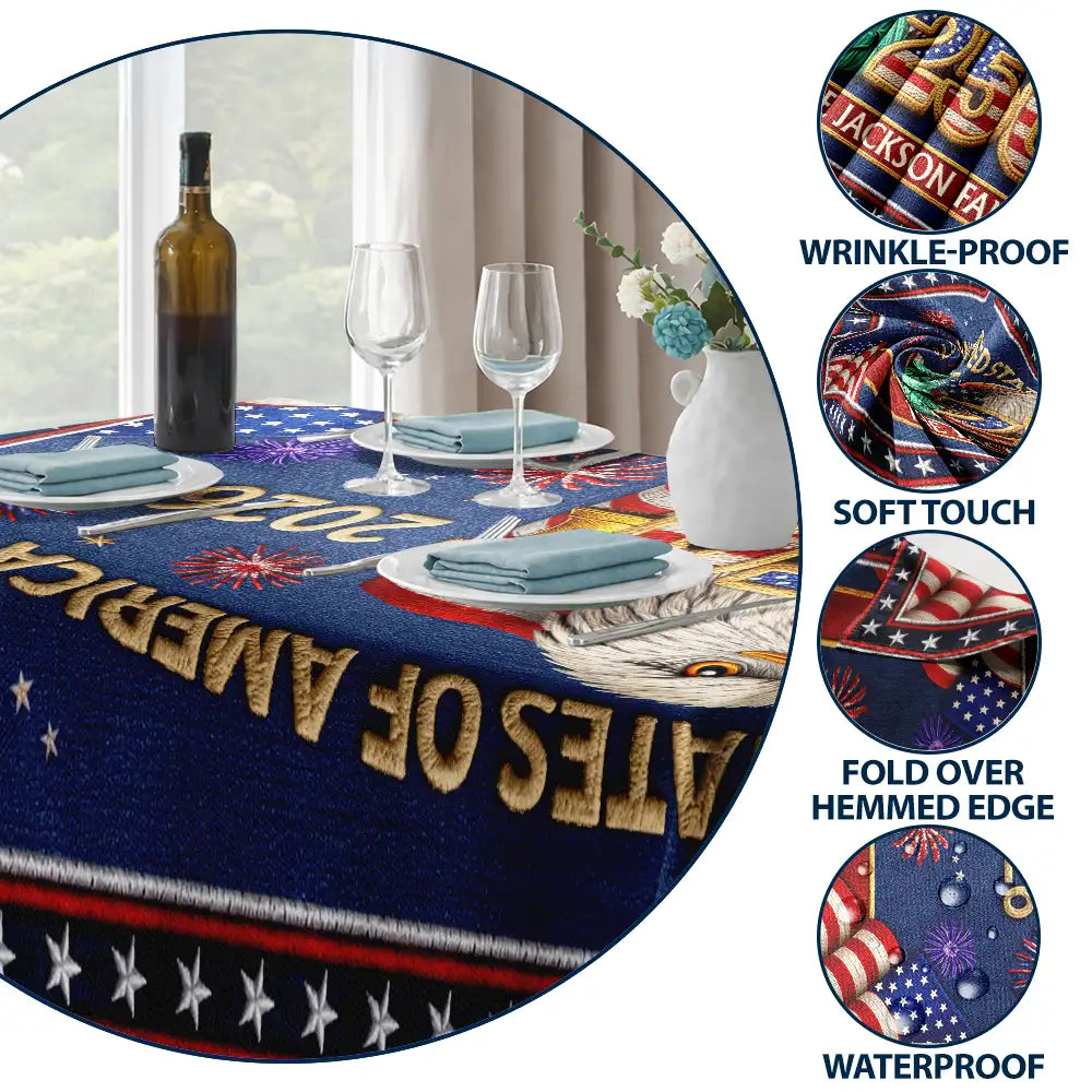 Independence Day,America 250th,Family,Proud - Faux Embroidery Effect America 250th Anniversary Family Name - Personalized Tablecloth