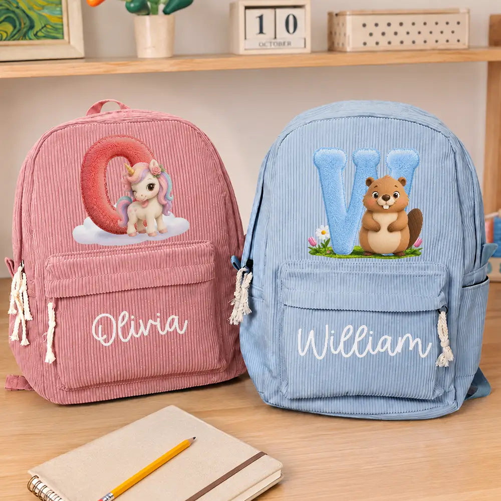 Playful, Back To School, Gift For Kids, Icon - Faux Embroidery Effect Chenille Animal & Alphabet Letters - Personalized Corduroy Backpack