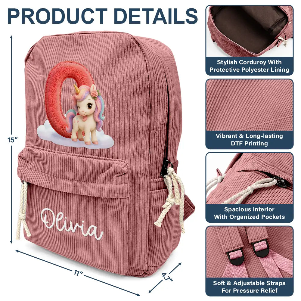 Playful, Back To School, Gift For Kids, Icon - Faux Embroidery Effect Chenille Animal & Alphabet Letters - Personalized Corduroy Backpack