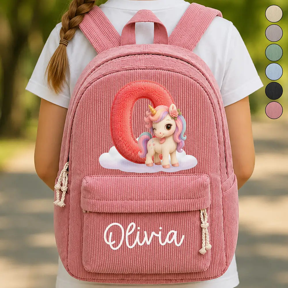 Faux Embroidery Effect Chenille Animal & Alphabet Letters - Personalized Corduroy Backpack