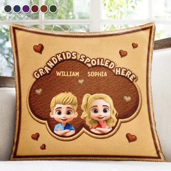 Gift For Grandma,Gift For Grandpa,Grandpa - Grandkids,Grandma - Grandkids,Gift For Women,Gift For Men,Happy - Faux Embroidery Effect Grandkids Spoiled Here - Personalized Pillow
