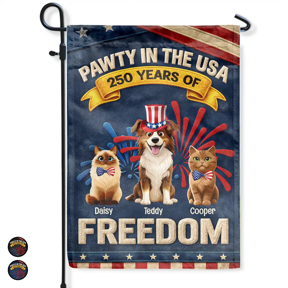 Pet Lovers,Pet Mom,Pet Dad,Dog Lovers,Dog Mom,Dog Dad,Cat Lovers,Cat Mom,Cat Dad,Custom Photo,Happ - Faux Embroidery Effect Star & Stripes Pawty In The USA - Personalized Flag