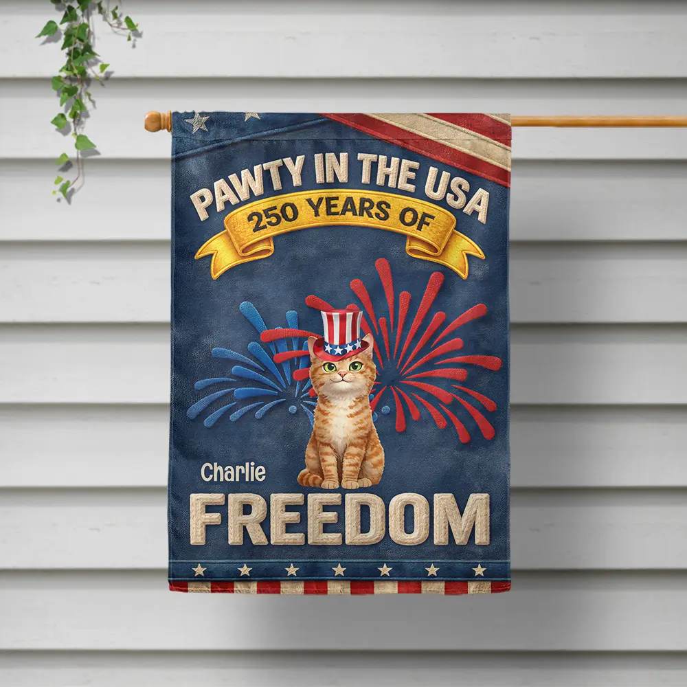 Pet Lovers,Pet Mom,Pet Dad,Dog Lovers,Dog Mom,Dog Dad,Cat Lovers,Cat Mom,Cat Dad,Custom Photo,Happ - Faux Embroidery Effect Star & Stripes Pawty In The USA - Personalized Flag