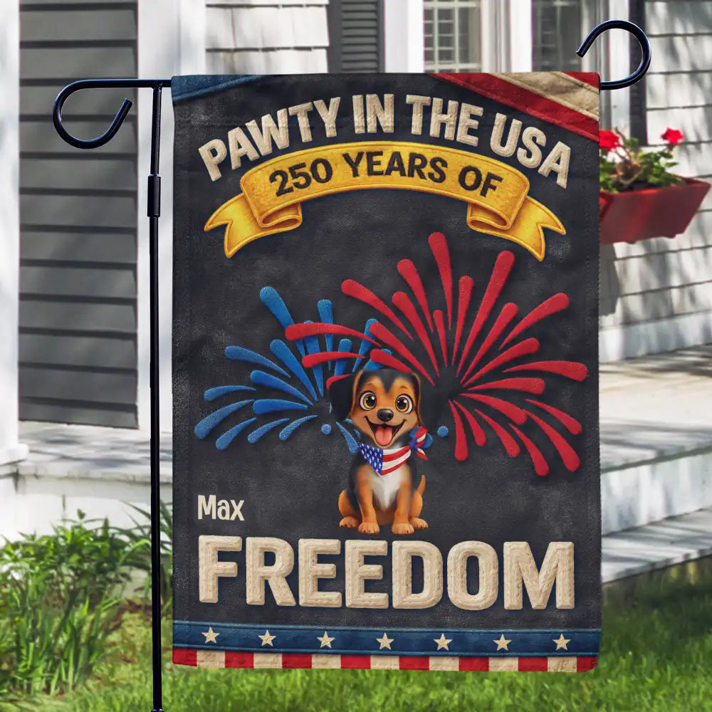 Pet Lovers,Pet Mom,Pet Dad,Dog Lovers,Dog Mom,Dog Dad,Cat Lovers,Cat Mom,Cat Dad,Custom Photo,Happ - Faux Embroidery Effect Star & Stripes Pawty In The USA - Personalized Flag