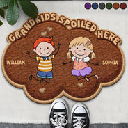 Gift For Grandma,Gift For Grandpa,Grandpa - Grandkids,Grandma - Grandkids,Gift For Women,Gift For Men,Happy,Stick Figure,Pet Lovers - Faux Embroidery Effect Stick Figures Grandkids Spoiled Here - Personalized Custom Shaped Doormat