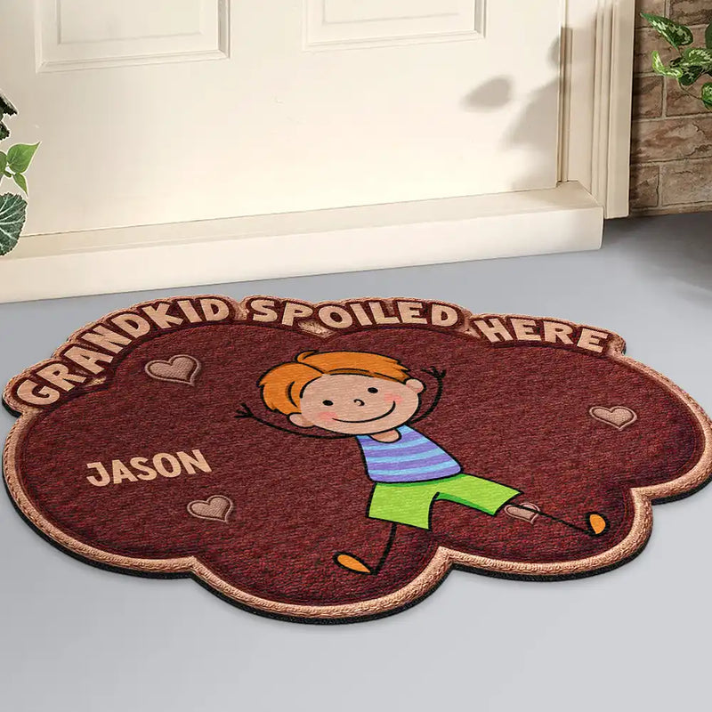 Gift For Grandma,Gift For Grandpa,Grandpa - Grandkids,Grandma - Grandkids,Gift For Women,Gift For Men,Happy,Stick Figure,Pet Lovers - Faux Embroidery Effect Stick Figures Grandkids Spoiled Here - Personalized Custom Shaped Doormat