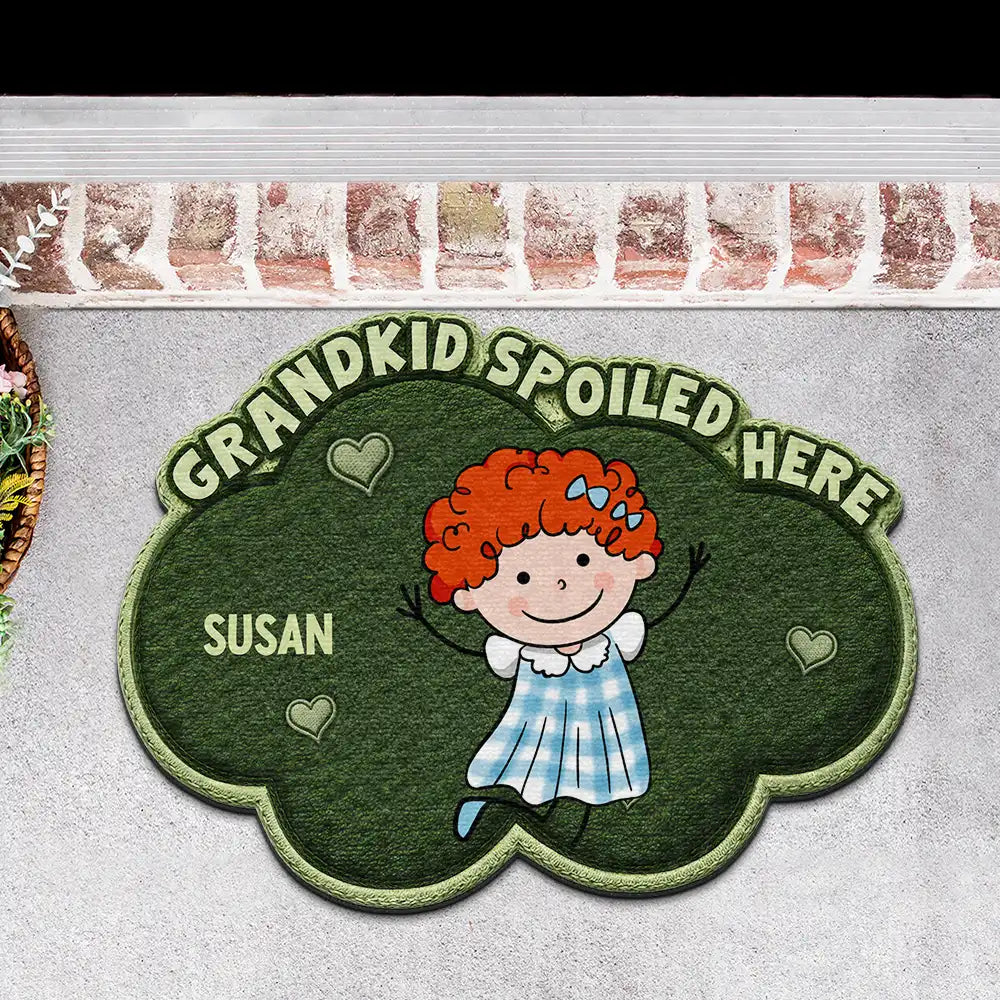 Gift For Grandma,Gift For Grandpa,Grandpa - Grandkids,Grandma - Grandkids,Gift For Women,Gift For Men,Happy,Stick Figure,Pet Lovers - Faux Embroidery Effect Stick Figures Grandkids Spoiled Here - Personalized Custom Shaped Doormat