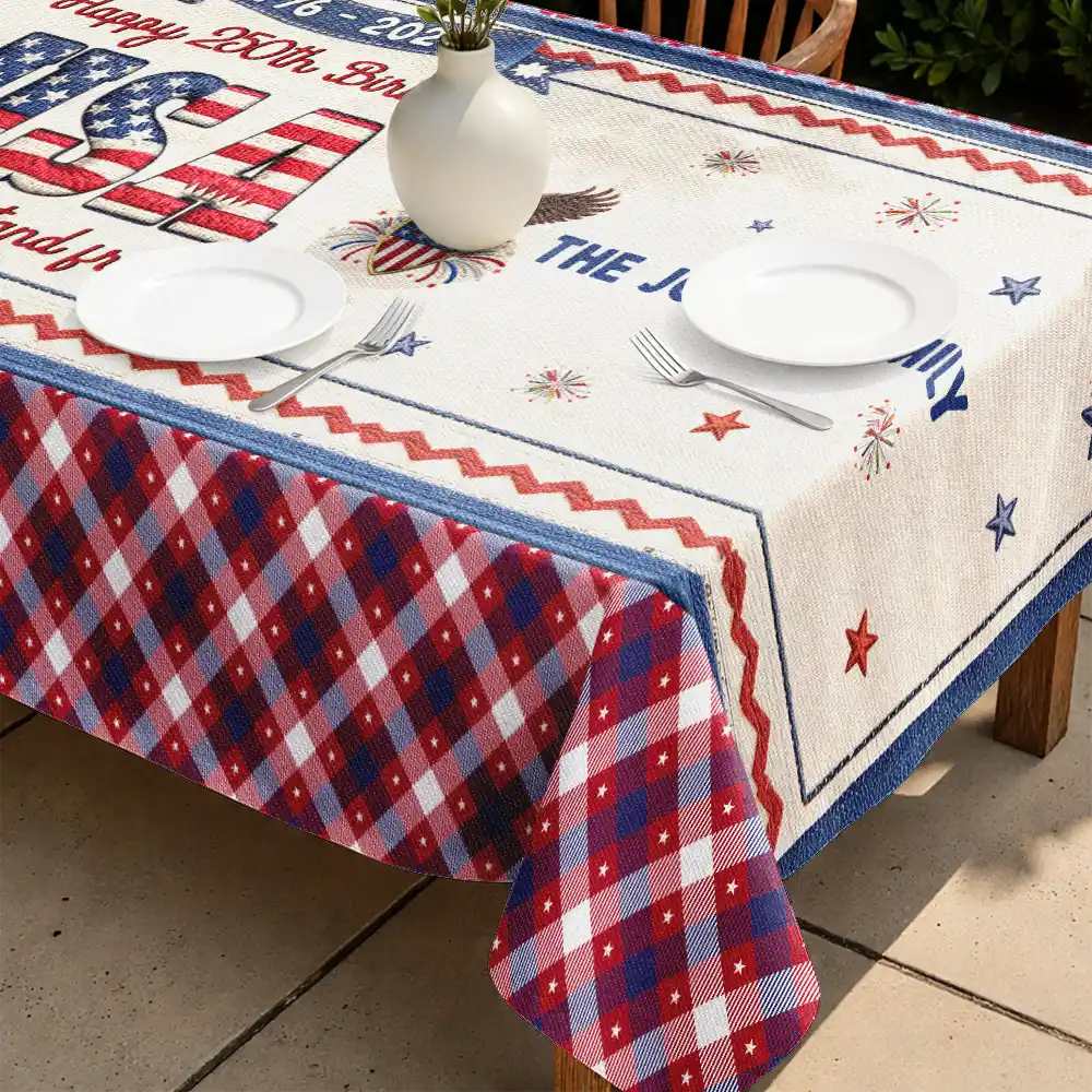 Independence Day,America 250th,Family,Happy,Gift For Mother,Gift For Father - Faux Embroidery Effect USA 250 Years Freedom - Personalized Tablecloth