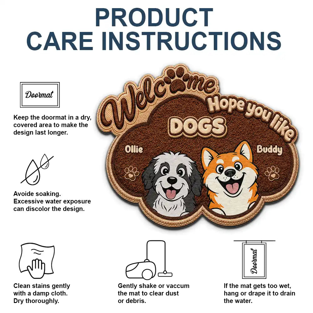 Vector, Pet Lovers,Pet Mom,Pet Dad,Pet Couple,Dog Lovers,Dog Mom,Dog Dad,Dog Couple,Cat Lovers,Cat Mom,Cat Dad,Cat Couple,Family,Happy,Top Market, Top Market -  Faux Embroidery Effect Welcome Hope You Like Dog Cat - Personalized Custom Shaped Doormat