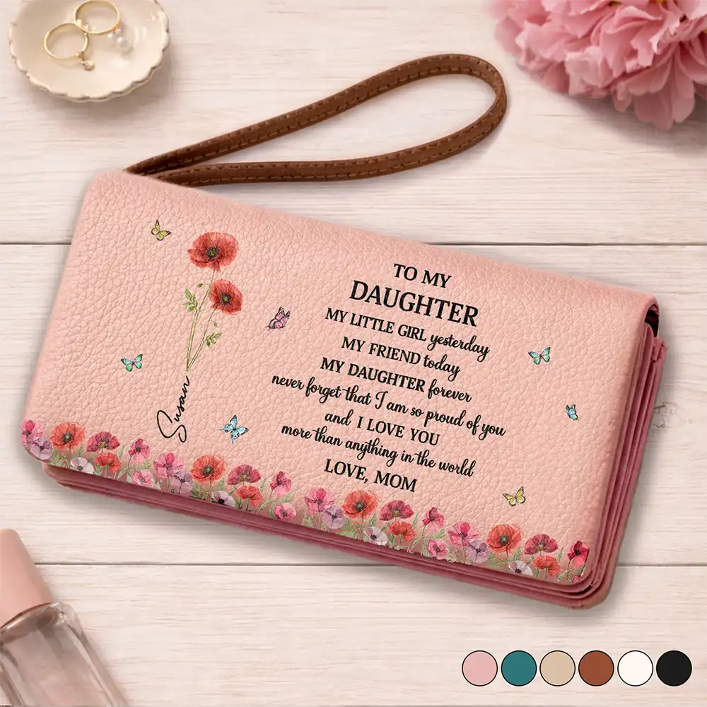 Faux Pressed Birth Flower My Daughter Forever - Personalized Tri-Fold PU Leather Wristlet Wallet