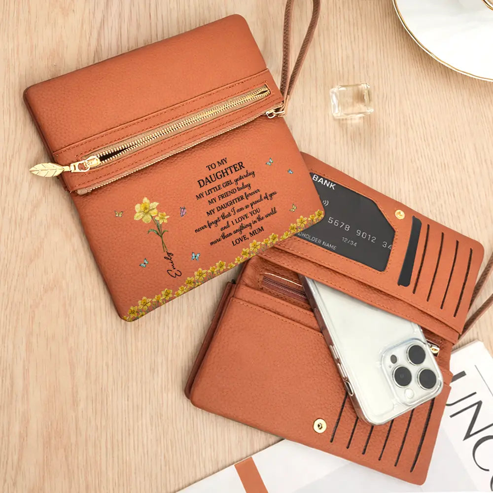 Gift For Daughter,Gift For Women,Happy,Gift For Grandkids - Faux Pressed Birth Flower My Daughter Forever - Personalized Tri-Fold PU Leather Wristlet Wallet
