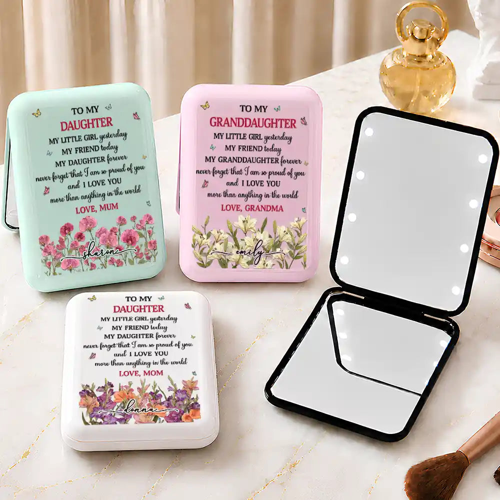 Gift For Daughter, Gift For Children, Sentimental, Icon - Faux Pressed Birth Flower To My Daughter Granddaughter - Personalized LED Compact Mirror