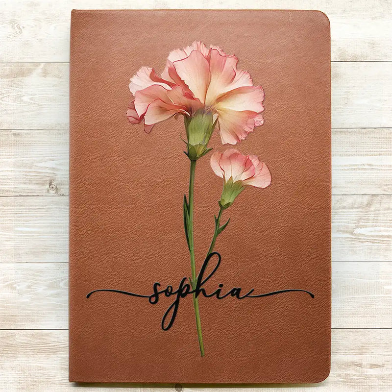 Gift For Wife,Gift For Girlfriend,Gift For Women,Gift For Yourself,Gift For Aunt,Gift For Mother,Gift For Grandma,Gift For Daughter,Gift For Sisters,Gift For Bestie,Happy - Faux Pressed Effect Birth Flower Blooming In Love - Personalized Leather Journal