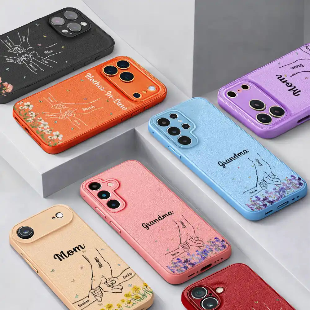 Gift For Mother,Gift For Women,Happy,Gift For Yourself,Gift For Grandma,Vector - Faux Pressed Mom And Children Holding Hands - Personalized Leather Phone Case