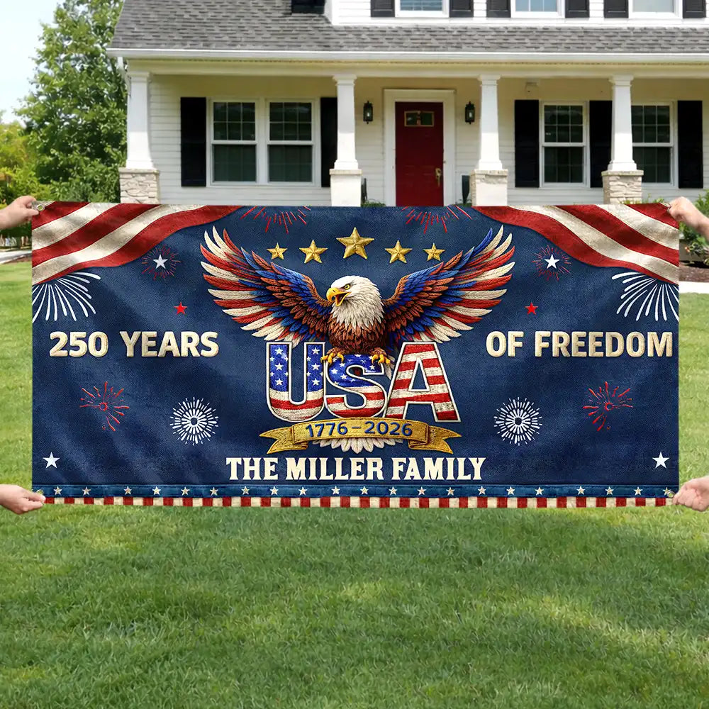 Family,Parents,Happy,America 250th - Faux Puff Embroidery Effect Patriotic Eagle 250 Years Of Freedom - Personalized Horizontal Banner