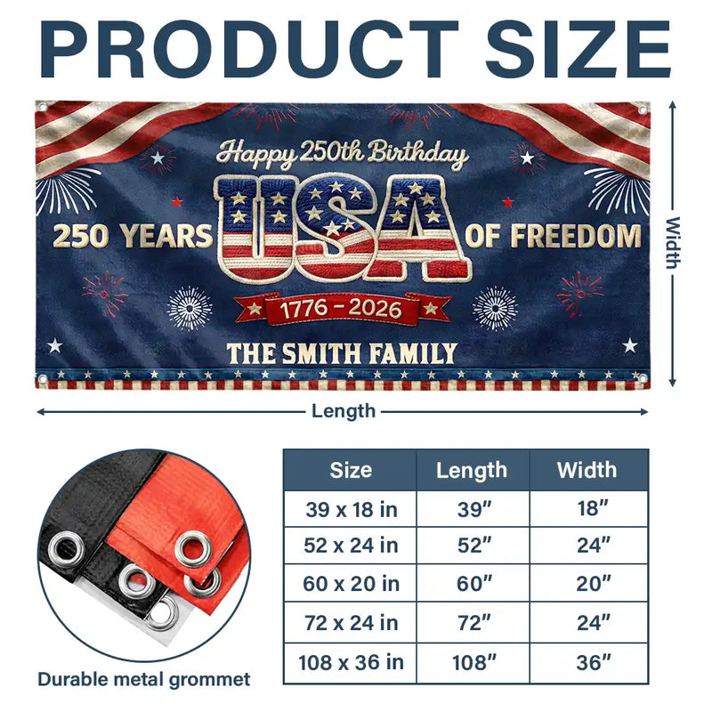 Family,Parents,Happy,America 250th - Faux Puff Embroidery Effect Patriotic Eagle 250 Years Of Freedom - Personalized Horizontal Banner