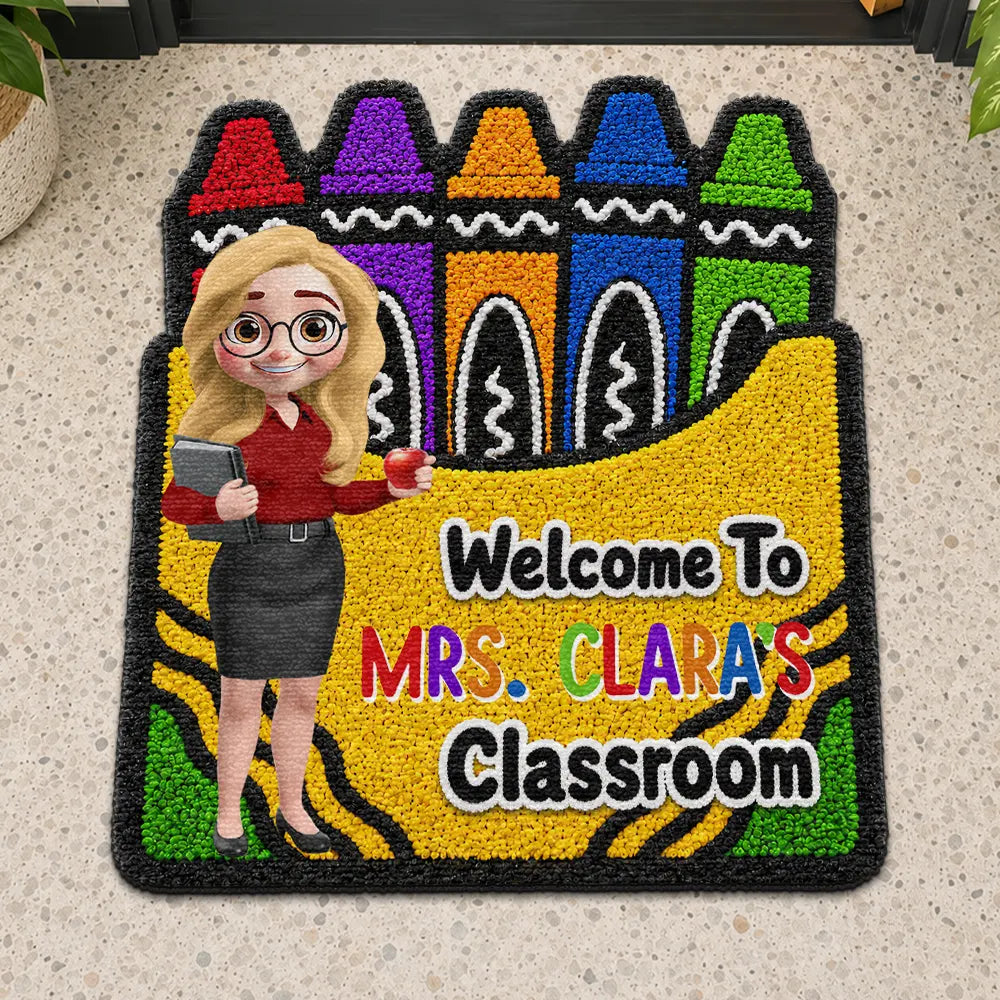 Top Market, Teacher, Inspirational, Back To School, Vector, Alternating Color Text - Faux Yarn Pattern Crayon Box Welcome To Classroom - Personalized Custom Shaped Doormat
