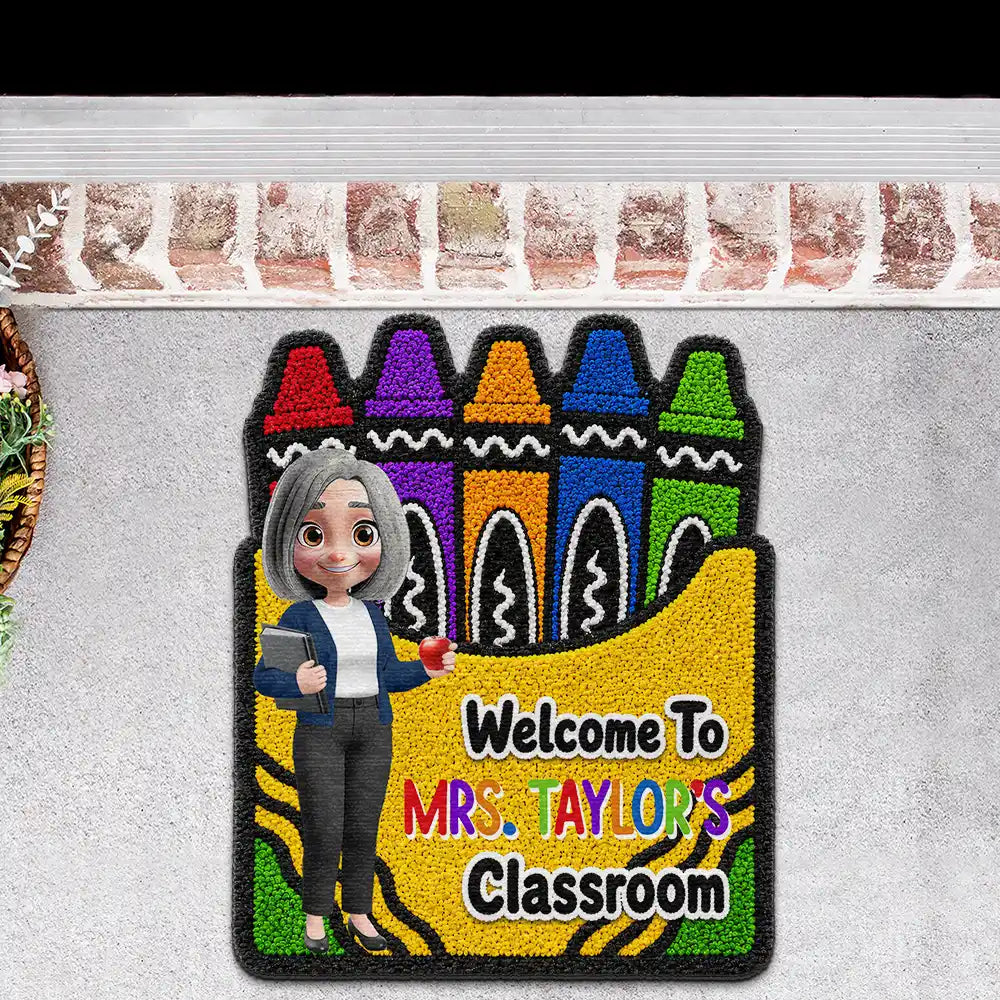 Top Market, Teacher, Inspirational, Back To School, Vector, Alternating Color Text - Faux Yarn Pattern Crayon Box Welcome To Classroom - Personalized Custom Shaped Doormat