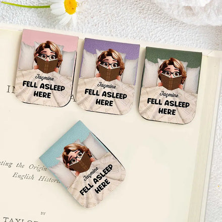 Fell Asleep Here Book Lovers - Personalized Leather Magnetic Bookmark