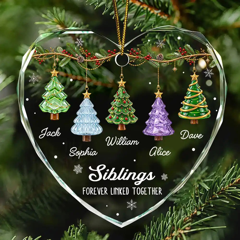 Christmas,Gift For Sibling,Cozy,Icon - Festive 3D Effect Christmas Trees Brothers & Sisters Forever Linked Together - Personalized Glass Ornament