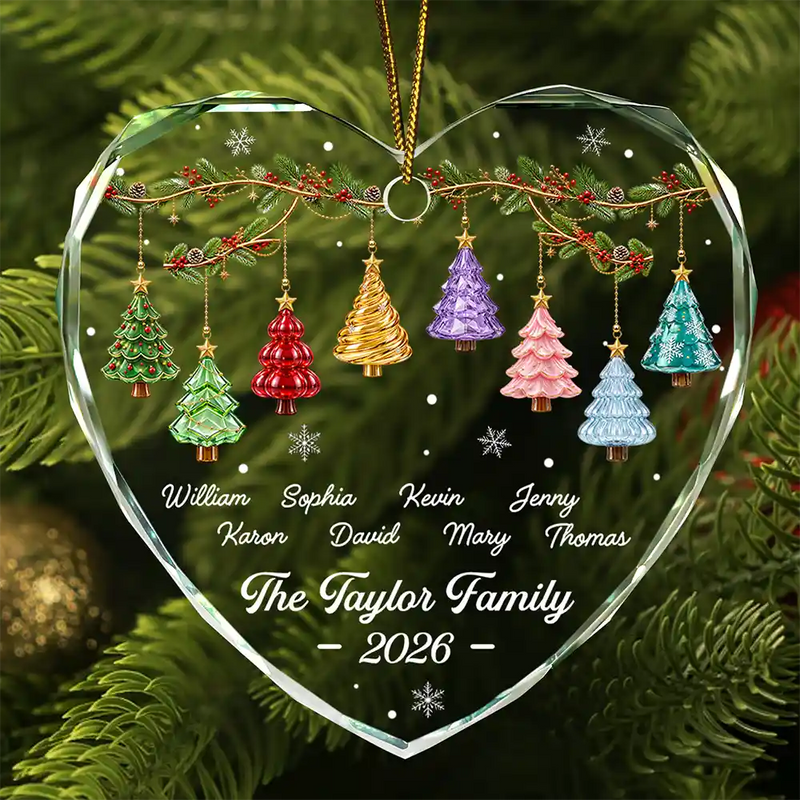 Sentimental,Christmas,Family,Icon - Festive 3D Effect Christmas Trees Family - Personalized Glass Ornament