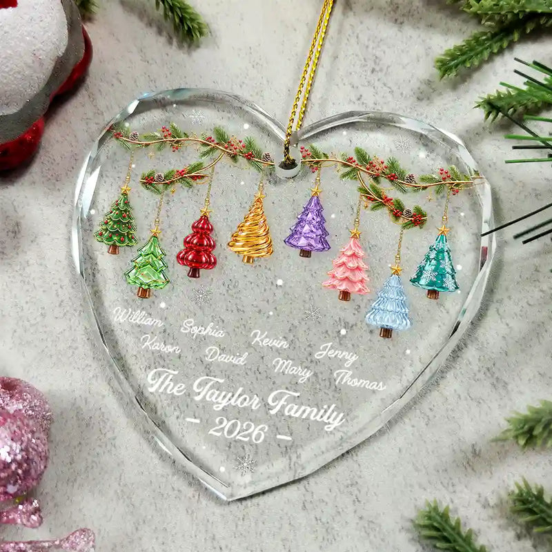 Sentimental,Christmas,Family,Icon - Festive 3D Effect Christmas Trees Family - Personalized Glass Ornament