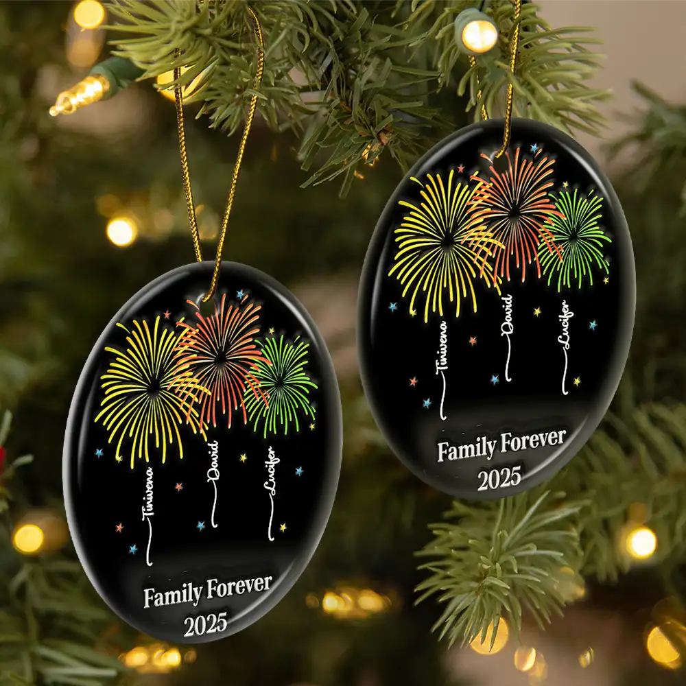 Family,Gift For Bestie,Christmas,Happy - Firework Family Bestie Custom Name - Personalized Circle Ceramic Ornament