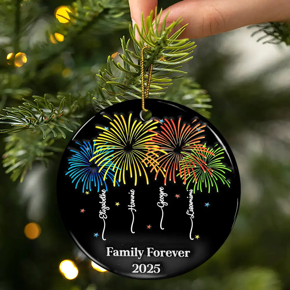 Family,Gift For Bestie,Christmas,Happy - Firework Family Bestie Custom Name - Personalized Circle Ceramic Ornament