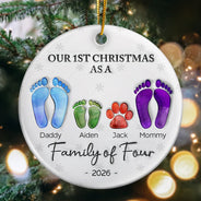 First Christmas As A Family Of Four Footprints - 3D Inflated Effect Printed Ornament, Personalized Circle Ceramic Ornament