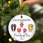 First Christmas As A Family Of Four Footprints - 3D Inflated Effect Printed Ornament, Personalized Circle Ceramic Ornament