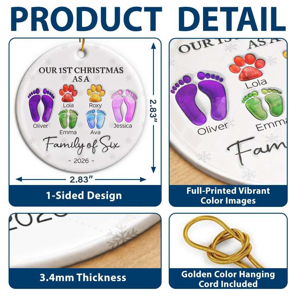 First Christmas As A Family Of Four Footprints - 3D Inflated Effect Printed Ornament, Personalized Circle Ceramic Ornament