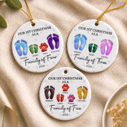 First Christmas As A Family Of Four Footprints - 3D Inflated Effect Printed Ornament, Personalized Circle Ceramic Ornament