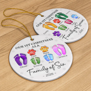 First Christmas As A Family Of Four Footprints - 3D Inflated Effect Printed Ornament, Personalized Circle Ceramic Ornament