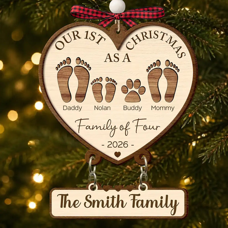 Christmas,Family,Icon,Happy - First Christmas As A Family Of Four Footprints - Personalized Wooden Ornament With Tag