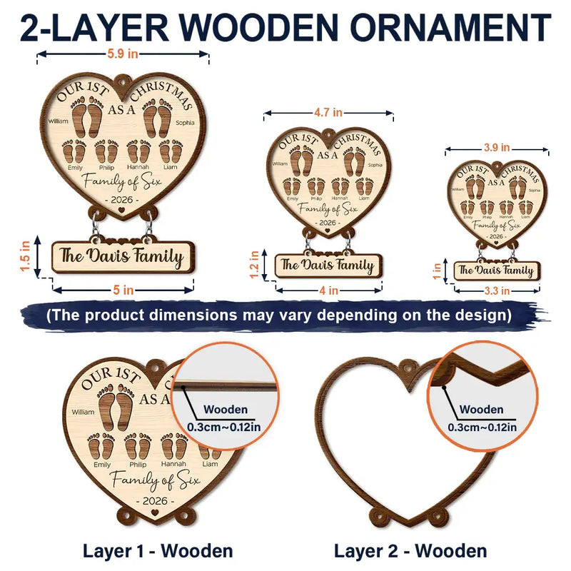 Christmas,Family,Icon,Happy - First Christmas As A Family Of Four Footprints - Personalized Wooden Ornament With Tag