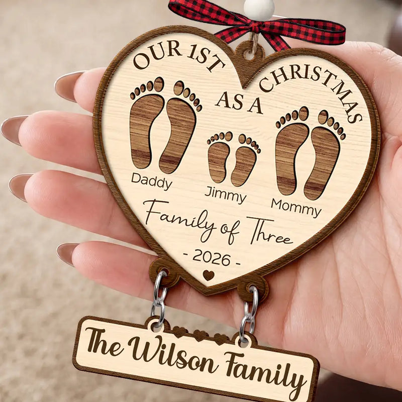 Christmas,Family,Icon,Happy - First Christmas As A Family Of Four Footprints - Personalized Wooden Ornament With Tag