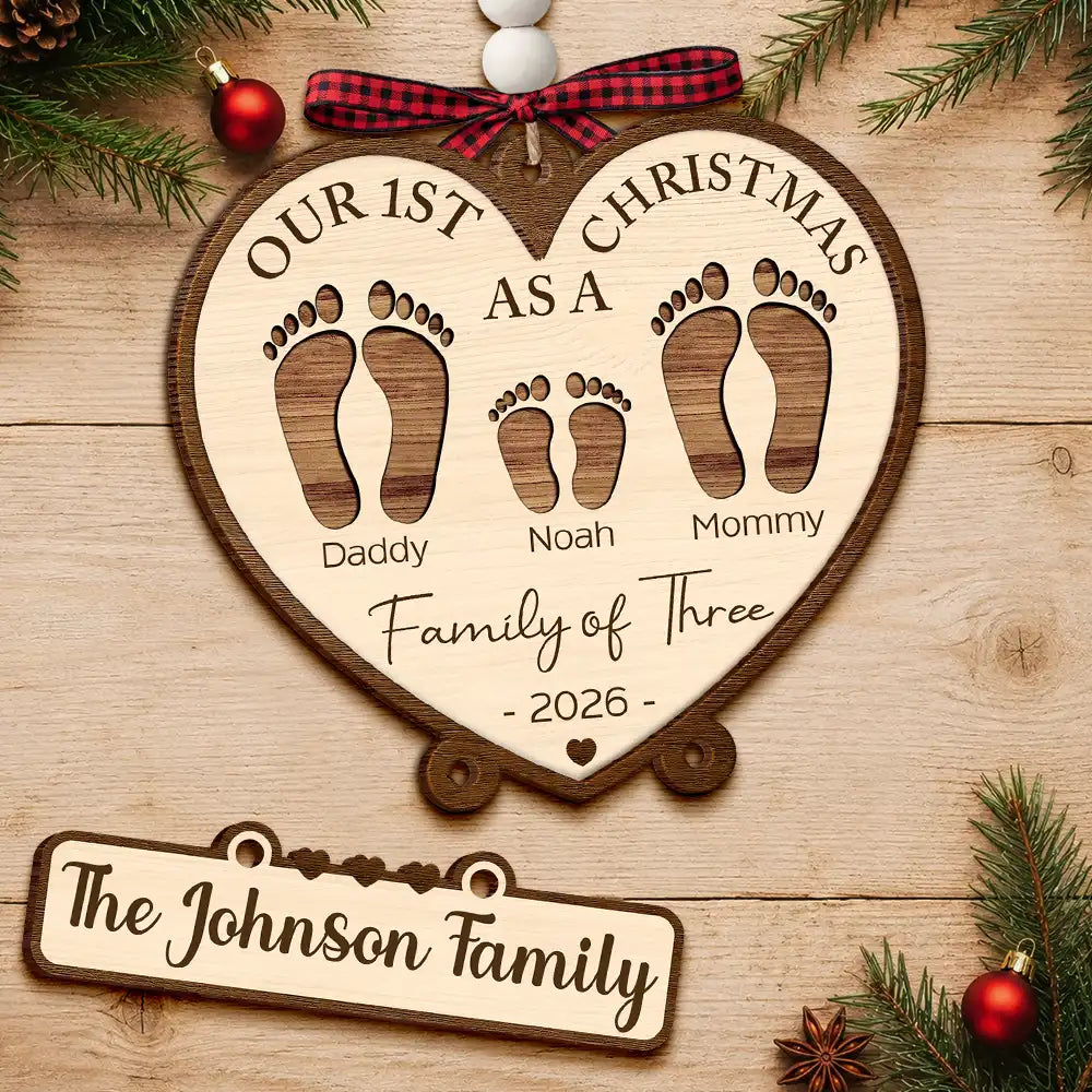 Christmas,Family,Icon,Happy - First Christmas As A Family Of Four Footprints - Personalized Wooden Ornament With Tag
