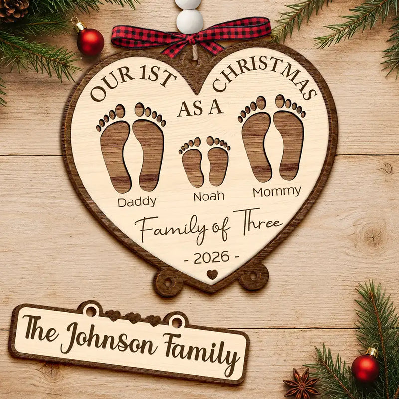 Christmas,Family,Icon,Happy - First Christmas As A Family Of Four Footprints - Personalized Wooden Ornament With Tag