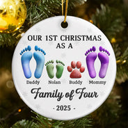 Christmas,Family,Dog Lovers,Cat Lovers,Pet Lovers,Parents,Happy - First Christmas As A Family Of Four Footprints 3D Effect - Personalized Circle Ceramic Ornament