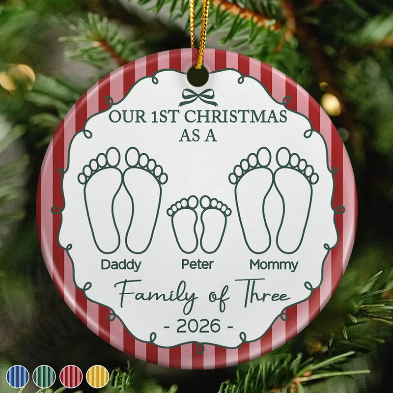 Christmas, Family, Icon, Happy - First Christmas As A Family Of Four Footprints Vintage Stripe - Personalized Circle Ceramic Ornament