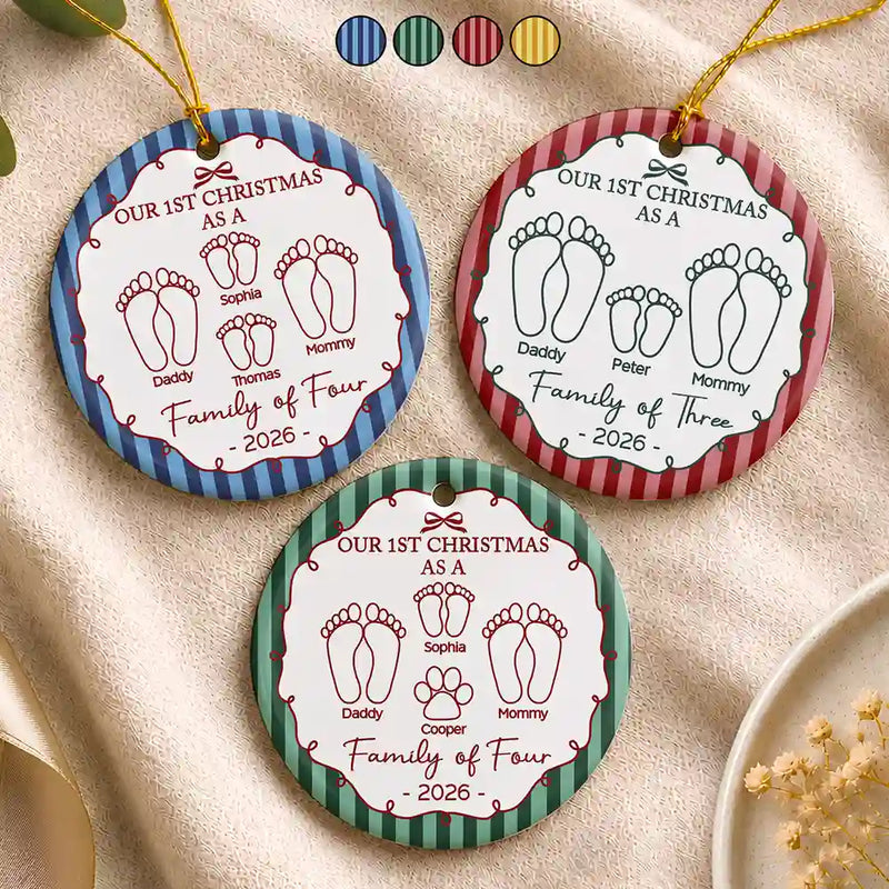 Christmas, Family, Icon, Happy - First Christmas As A Family Of Four Footprints Vintage Stripe - Personalized Circle Ceramic Ornament
